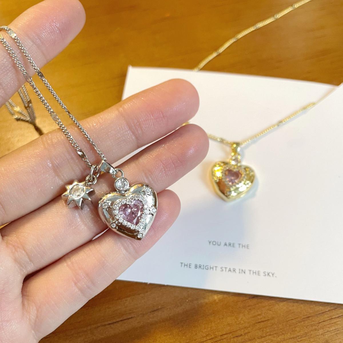 Cute Puffy Heart Sparkle Pendant Necklace, Dainty Pink Charm Detail, Elegant Feminine Statement Jewelry, Stackable Everyday Accessory, Perfect Gift for Fashion Lovers