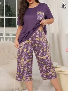 Women's Plus Size Knitted Pajama Set, Floral Print Short Sleeve Top and Seven-Quarter Pants, Casual Wearable Loungewear Sleepwear
