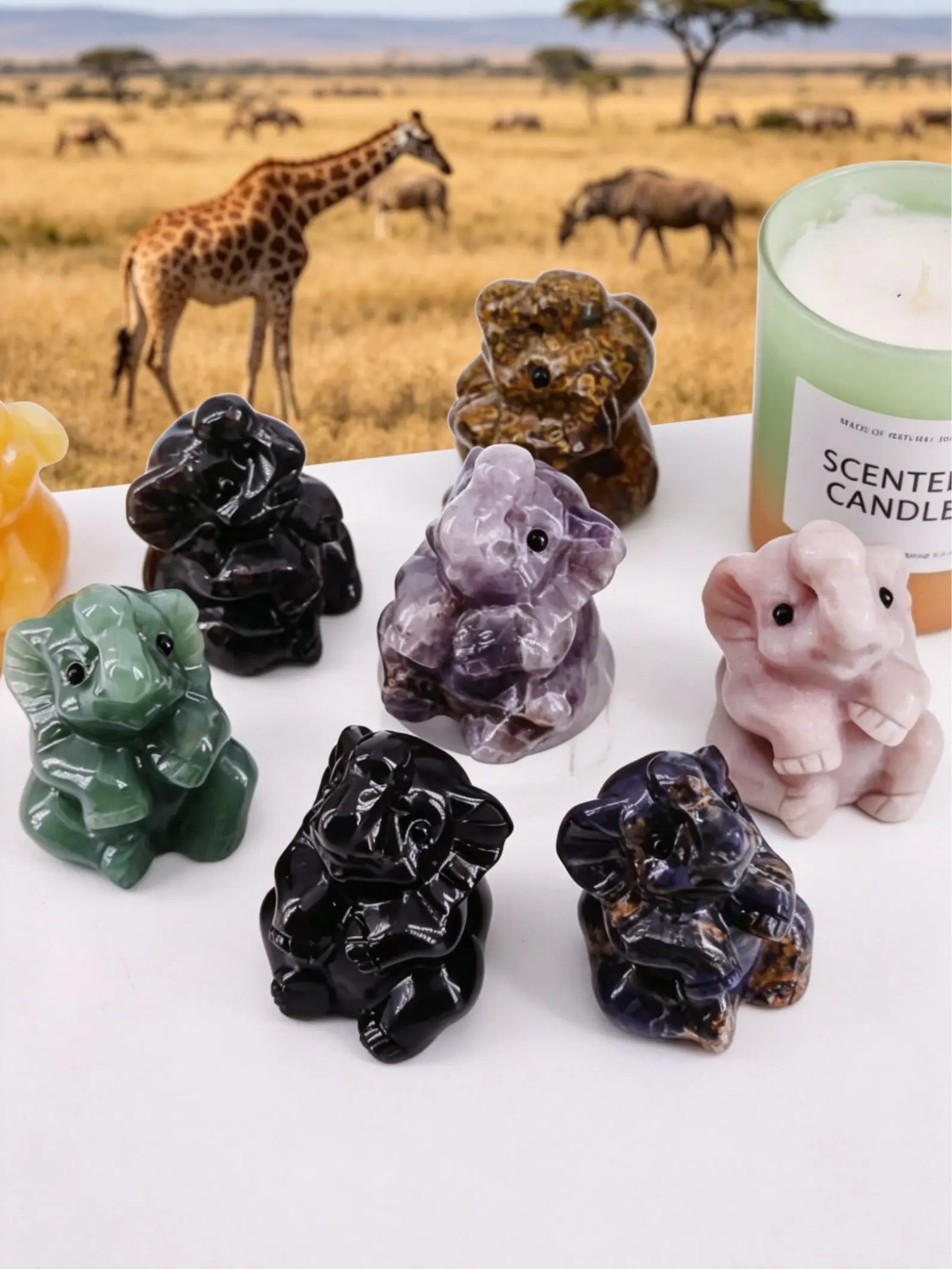 Natural Crystal Baby Elephant Carving Ornament - Mini Animal Palm Stone for Blessing, Protection, Spiritual Healing Decor (Jewelry Accessories & Derivatives)