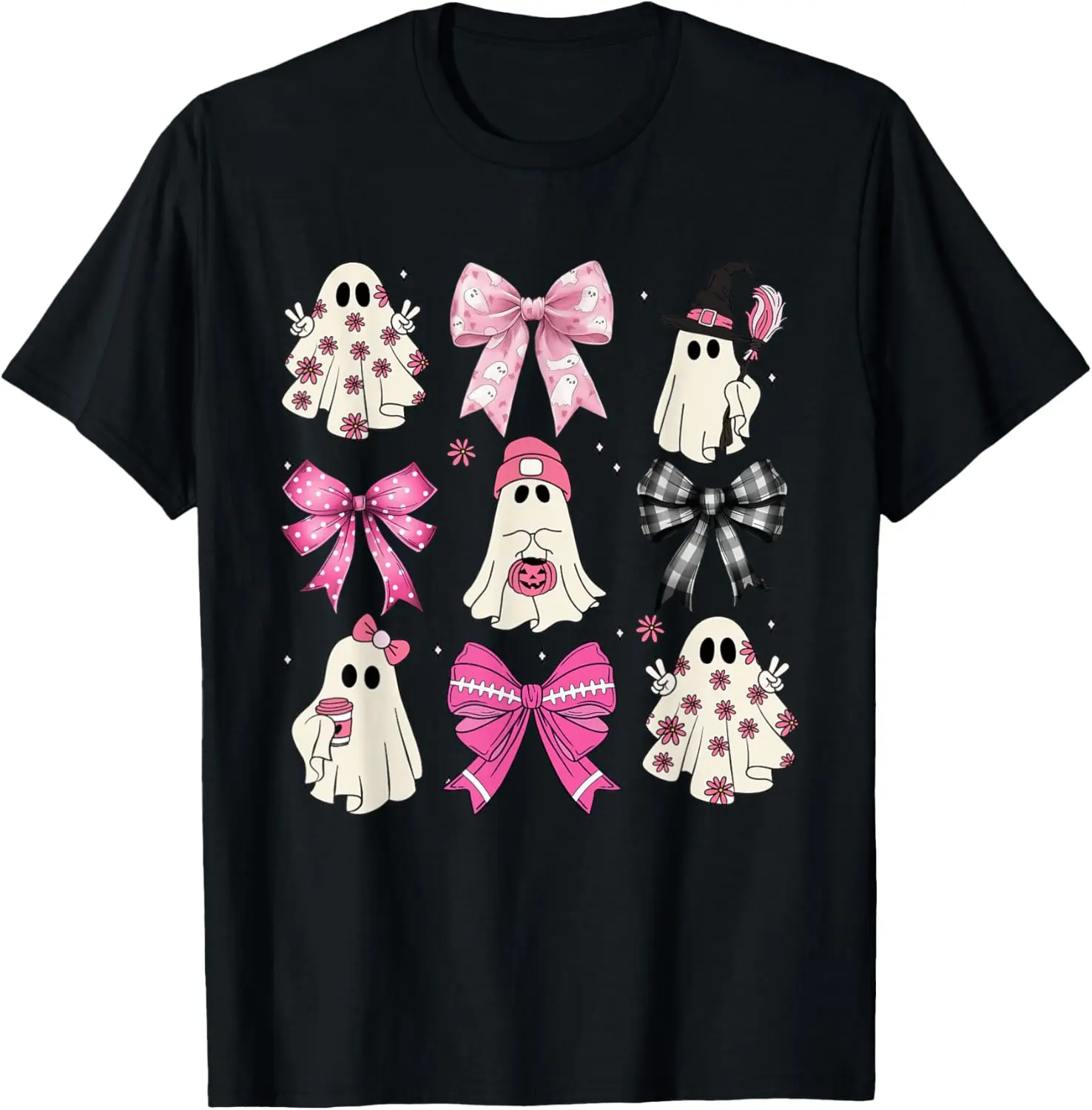 Funny Graphic Tee, Women's Preppy Pink Ghost T-Shirt, 100% Cotton 'Spooky Vibes' Halloween Shirt for Girls, Graphic Shirts