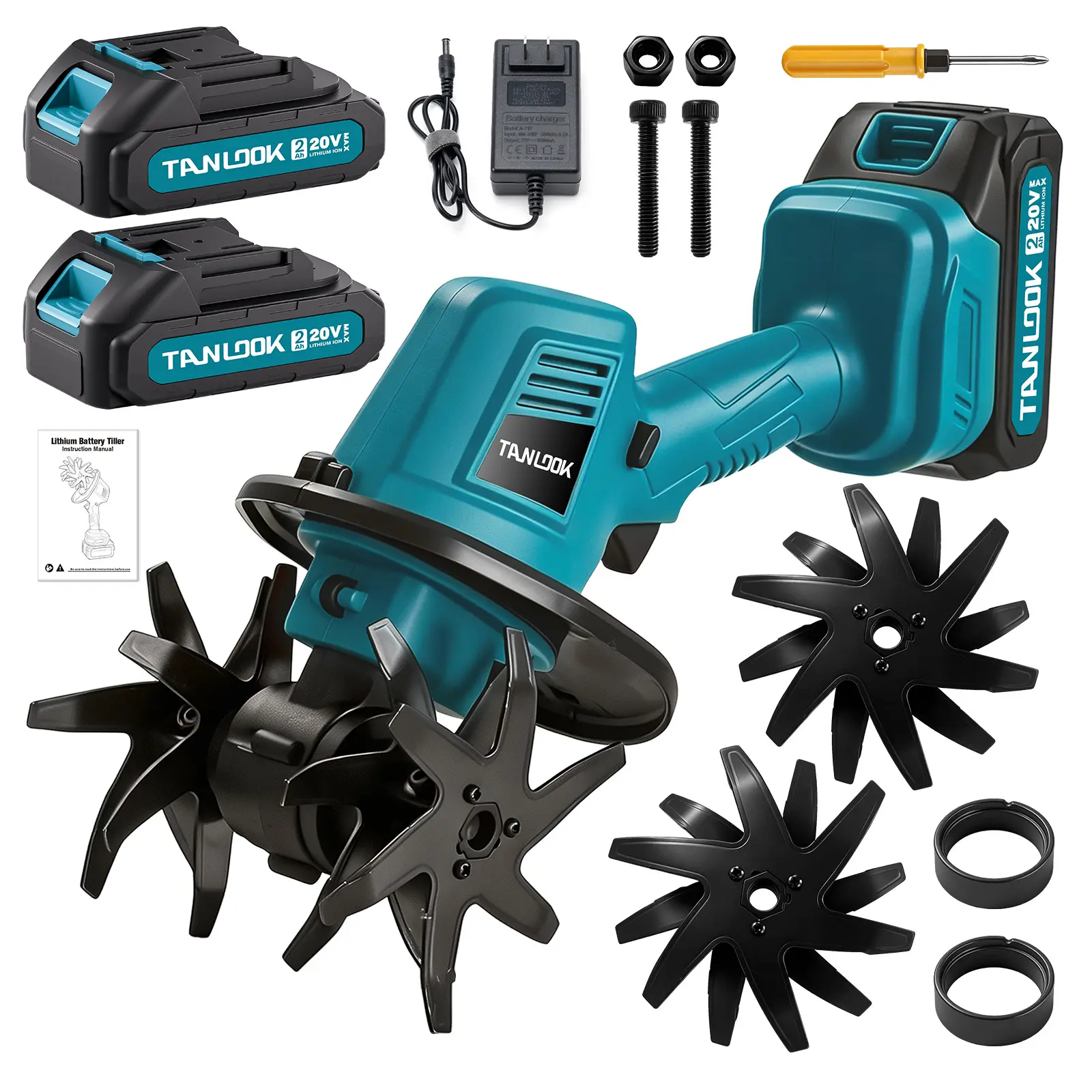 Tanlook Cordless Power Electric Mini Tiller - Rechargeable Battery Garden Cultivator with 1 or 2 Large Batteries, Handheld Grip Small Weeder Rototiller, Soil Loosening Tool for Yard Surfaces, Flower Beds