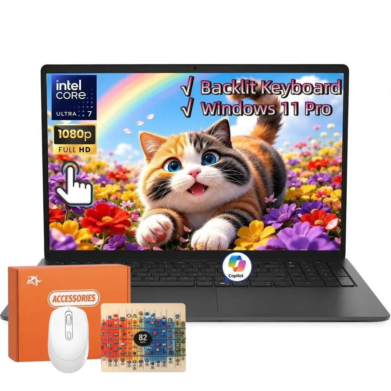 Dell 15 Touchscreen Laptop Computer 2026 - Intel 12-Core Ultra 7 255U (Up to 5.2GHz), 15.6" FHD Anti-Glare Display, 16GB DDR5 5600MT/s RAM, 1TB SSD, Intel Graphics, Wi-Fi6, Backlit KB, AI Copilot, Windows 11 Pro, Built-in Camera, Cordless Capable