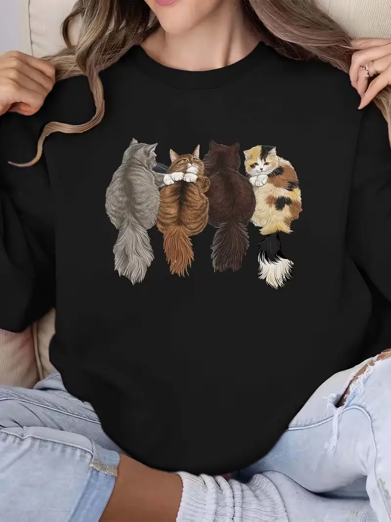 Cute Fluffy Cats Graphic Oversized Pullover Hoodie Cat Lover Casual Sweatshirt
