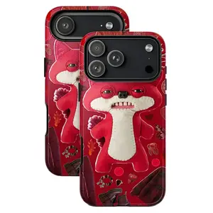 Funny Black Cat Indie Art Creepy Cute Red Dog Animal Character Monster Fuggler Art Trendy Tough Phone Case. Edgy Quirky Aesthetic Heavy Duty Shockproof Protective Smartphone Cover for iPhone 17 Pro Max 16 Air 15 14 13 12 11.