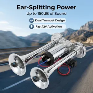Universal 12V 130DB Super Loud Dual Trumpet Air Horn Kit with Compressor Chrome Zinc Alloy Waterproof Heavy Duty for Car Truck SUV Motorcycle Boat RV Off-Road Easy Install Safety Warning Auto Accessory