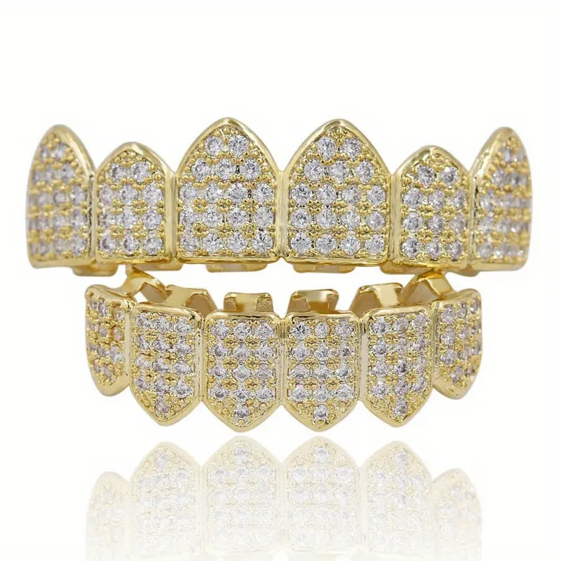 Hip Hop Micro Inlay Braces Set (2pcs) - Full Ice Out Pointed Vampire Teeth, Rhinestone Accents, Artificial Zircon, Copper, Lower Teeth 4cm*1cm Oral Costume Body Jewelry Accessories, Top & Bottom Set, Casual