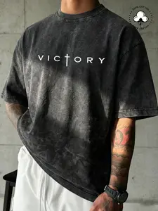 1 Piece Men's Distressed Cotton T-Shirt, Oversized "VICTORY" Graphic Print with Vintage Wash, Soft Streetwear Essential for Casual Fashion Wear, Casual Daily Wear and Urban Style