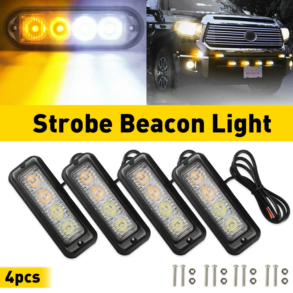 4pcs 4LED Car Amber/White Emergency Beacon Warning Flash Strobe Light Indicator