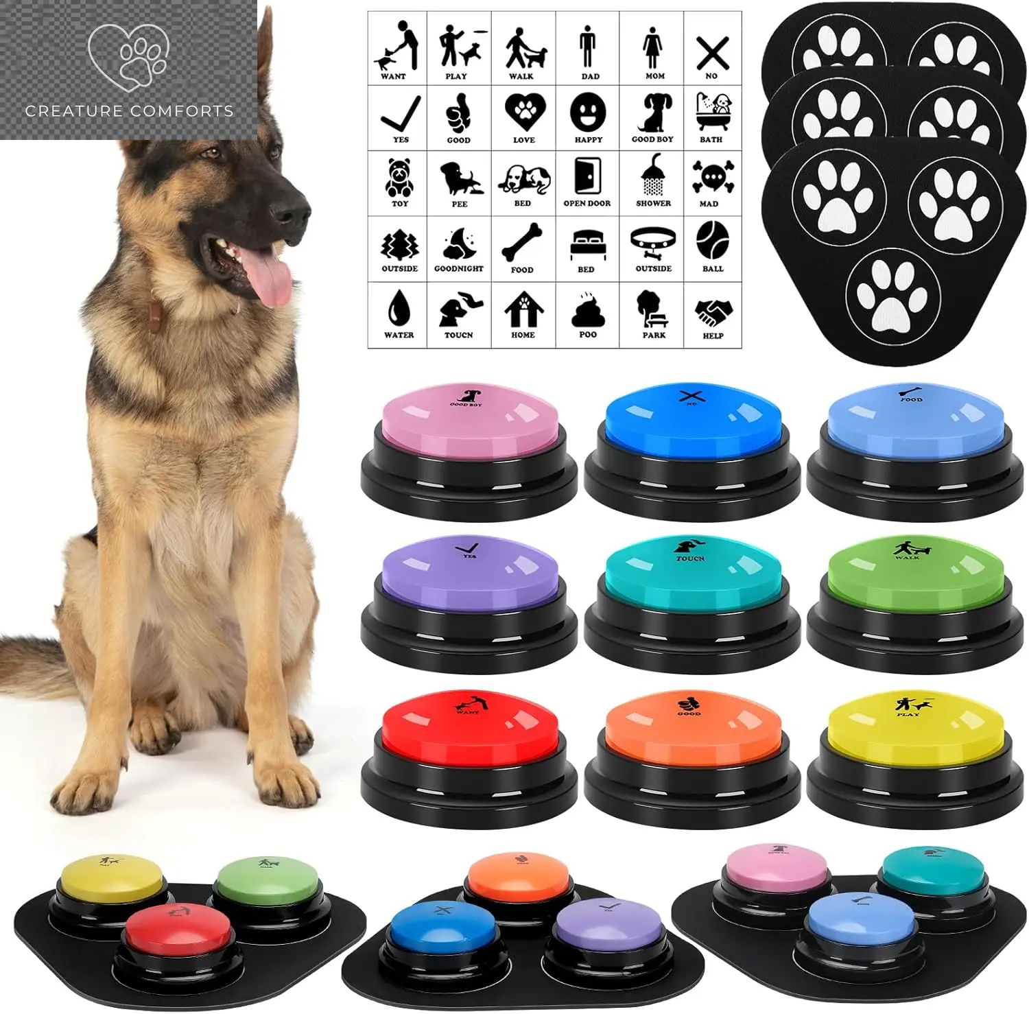 Dog Buttons for Communication, 9 Pcs Dog Talking Button Set, 30S Voice Recording Speaking Button Pet Speech Training Buzzers with 30 Scene Stickers and Waterproof Anti-Slip Mat for Animal Training