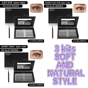 [3 kits-Soft and natural styles] Cofier Self-Adhesive lashes Glue - Free DIY Lash Kit (Cat eye/short cat eye/shor fairy)  Comes with Tweezers! (80/100 Pcs) for a Quick and Natural Lash Makeover Individual Eyelashes Makeup Eyelashes