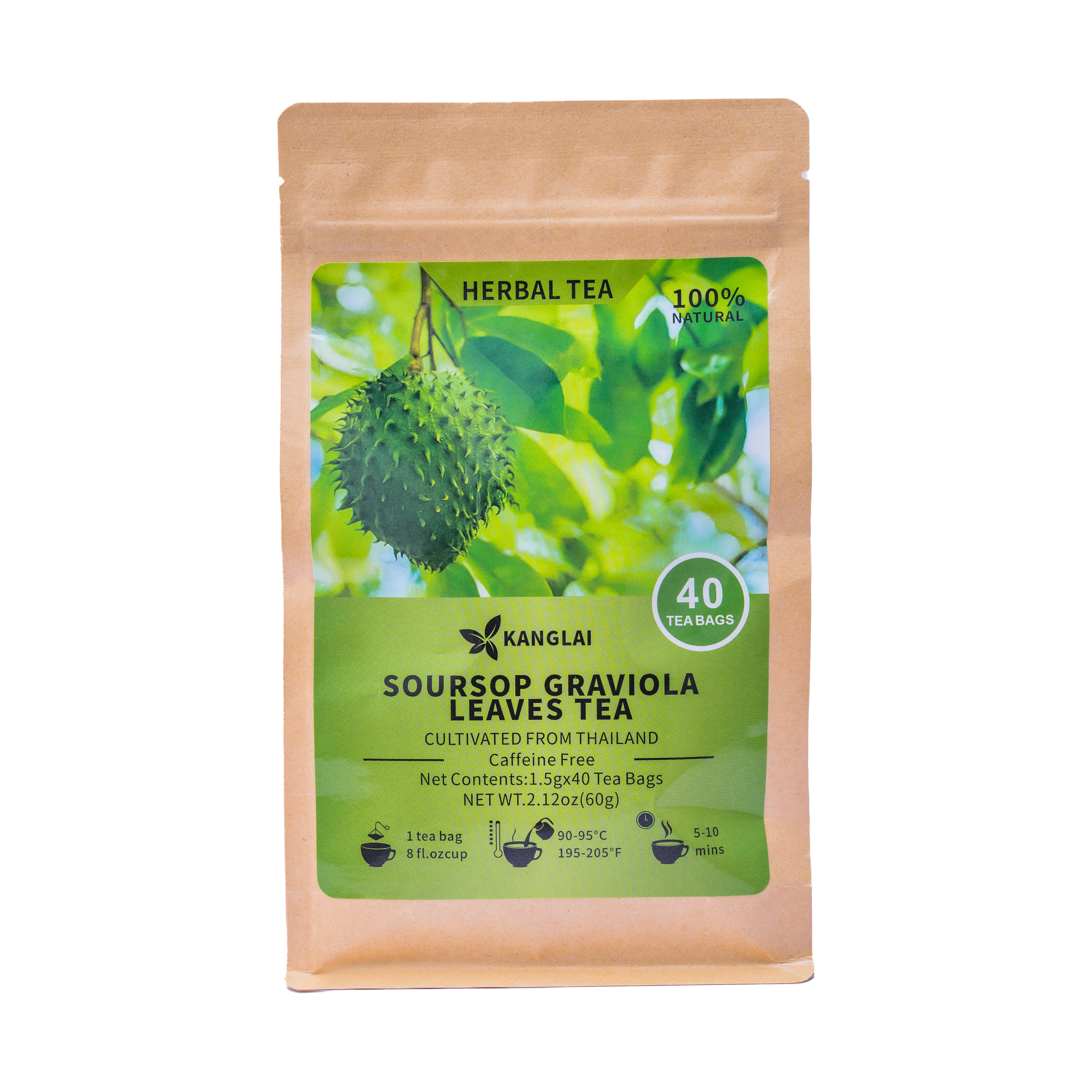 40 Premium Organic Soursop Graviola Leaves Herbal Tea Bags - 100% Natural Pure Handmade Beverage, Corn Fiber Bags, Free of Sugar, Caffeine & Gluten, Vegetarian, Hoja Guanabana for Healthy Skin Support, Stress Relief, Adults' Haitian Tea, Nature, Sugar Fre