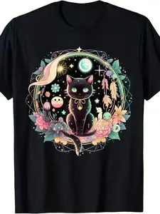 Gothic Kawaii Cat & Moon Phase T-Shirt, Women's Casual Short Sleeve Top in Comfortable Breathable Knitted Cotton