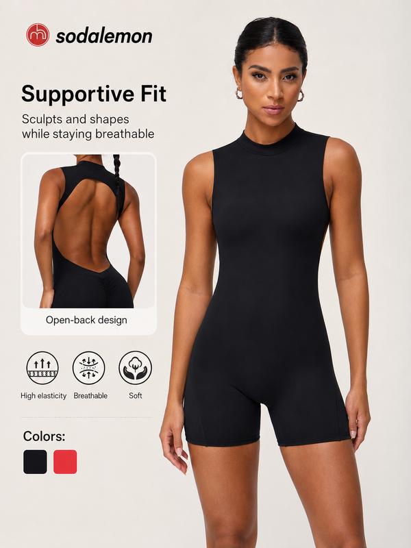 Sodalemon Women's High-Neck Sleeveless Open-Back Yoga Romper - Soft Stretch Scrunch-Back Sports Jumpsuit for Workout Activities, back to school, back to school haul