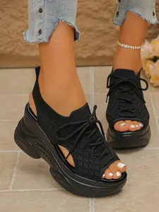 Summer New Fashion Flyknit Breathable Wedge Sandals for Women, Thick Sole Height Increasing Fish Mouth Casual Shoes, Comfortable Lightweight Outdoor Slippers, High Heeled Sandals