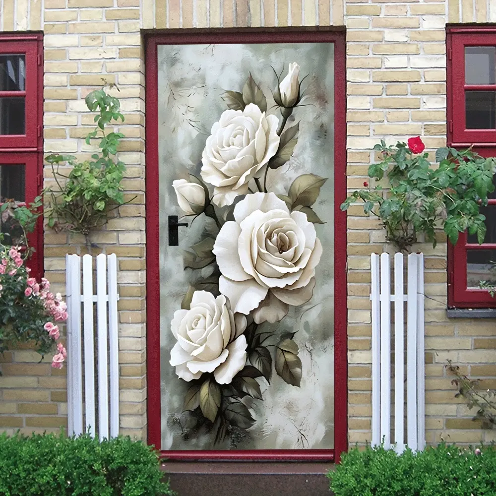 2pcs Stereo Relief Texture White Rose Flowers Wall Stickers European Style Home Decor Stickers Self Adhesive Removable Bedroom Living Room Background Wall Decals Waterproof Wear resistant Eco Friendly PVC Mater Decoration Sticker