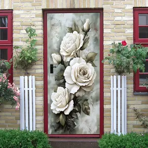 2pcs Stereo Relief Texture White Rose Flowers Wall Stickers European Style Home Decor Stickers Self Adhesive Removable Bedroom Living Room Background Wall Decals Waterproof Wear resistant Eco Friendly PVC Mater Decoration Sticker