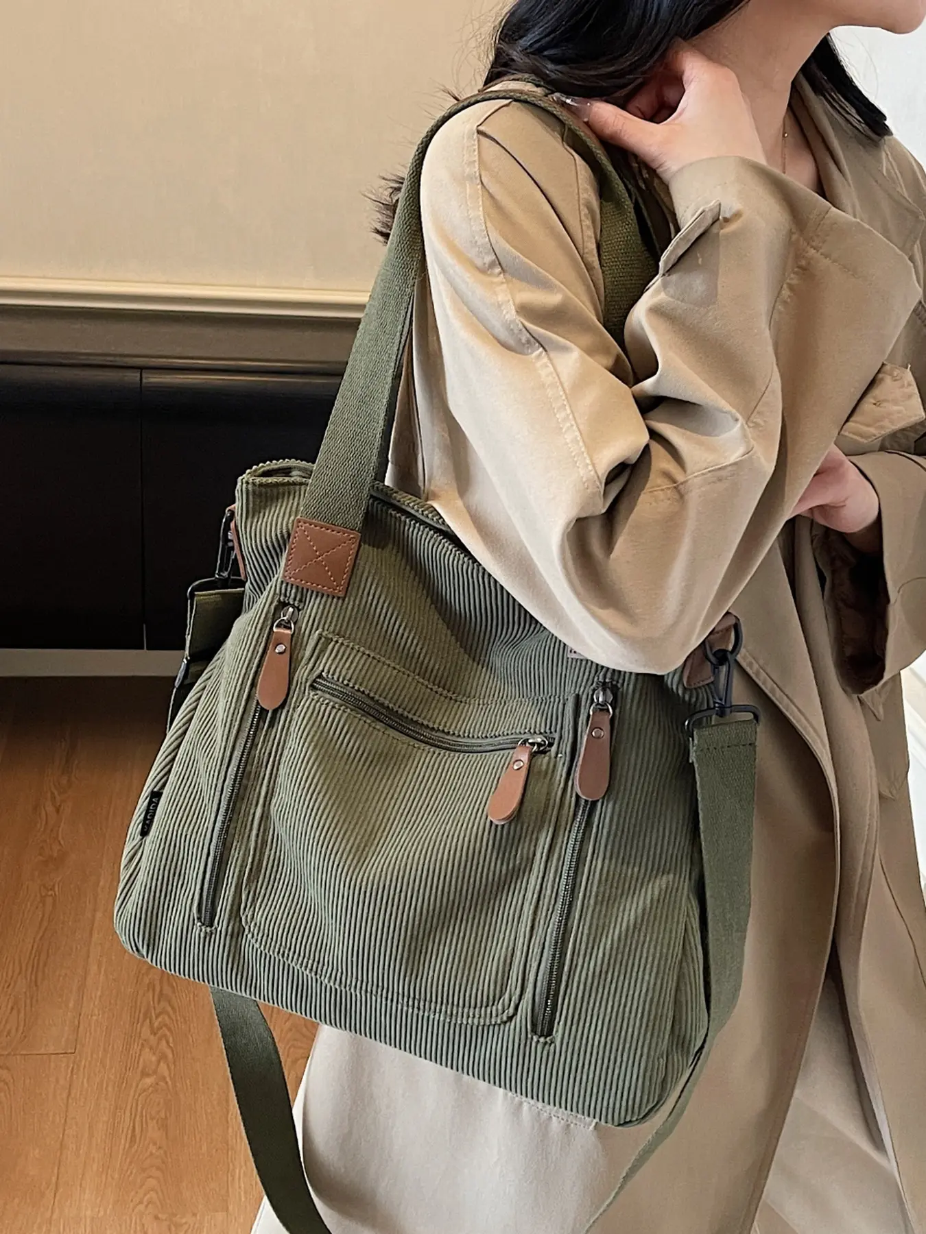 Corduroy Tote Bag for Women – Vintage Military Green, Multi Pocket Design, Casual Fashion Bag | Casual Shoulder Crossbody for Commute, School & Daily