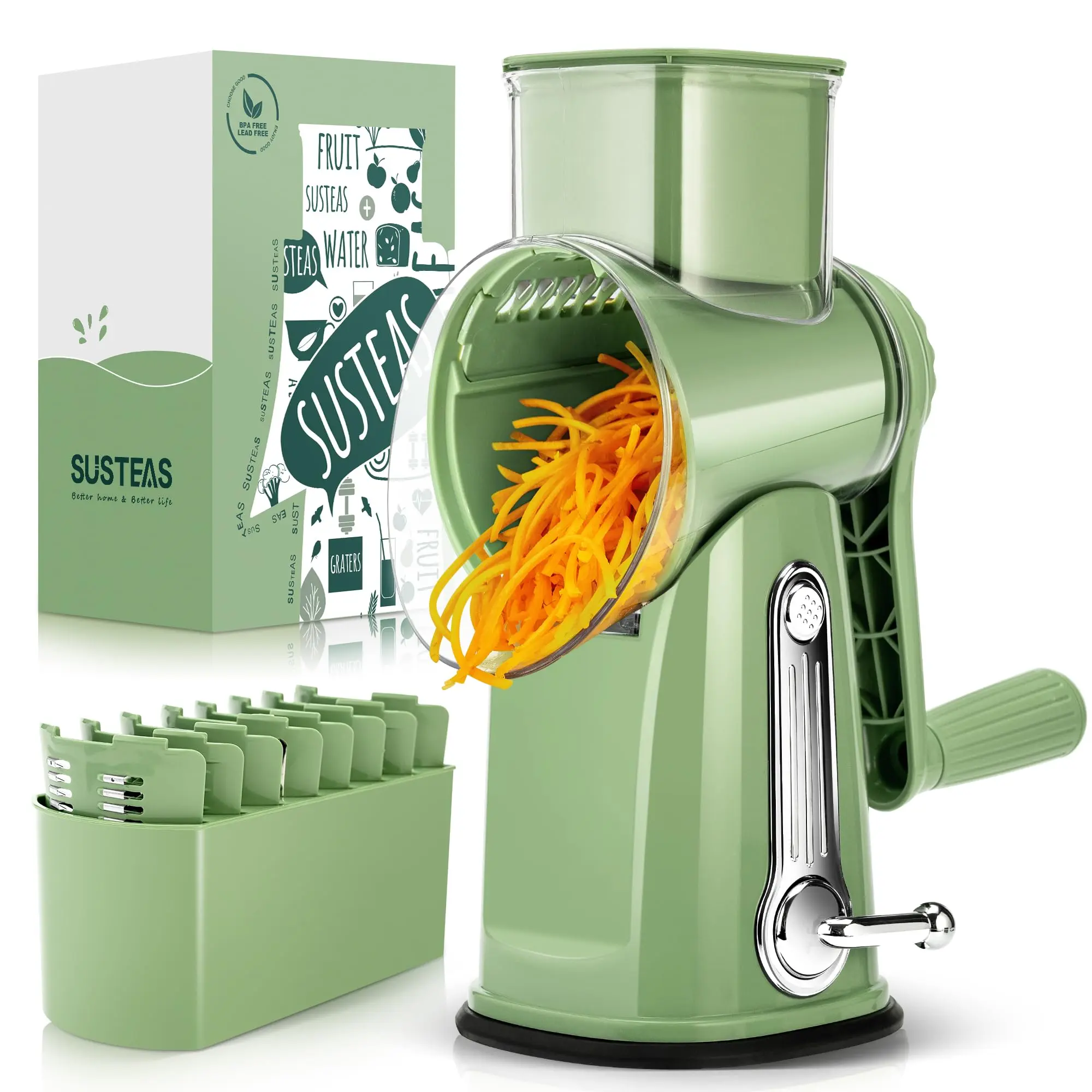 SUSTEAS Retro Green 5-in-1 Rotary Cheese Shredder & Vegetable Slicer - Non-Slip Suction Base, Easy-Grip Ergonomic Kitchen Utensil for Quick Prep