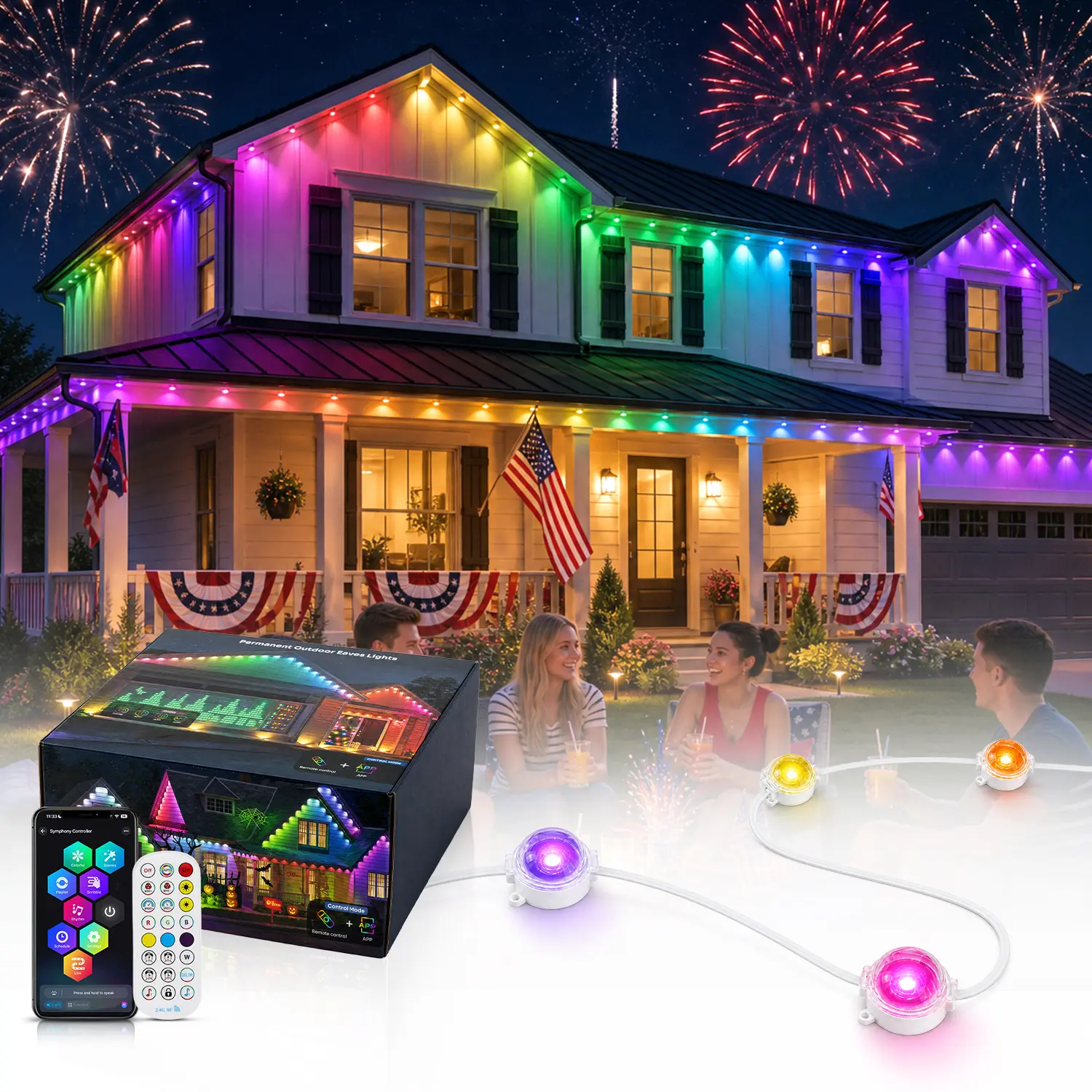 RGBIC Standard Edition Permanent Outdoor Eaves Lights, Smart Roofline Lighting with Bluetooth App, Remote, Works with Alexa and Google Assistant, 16 Million Colors, 75 Scenes, Music Sync, Triangle Effects for Christmas, Halloween, Parties and Daily Decor