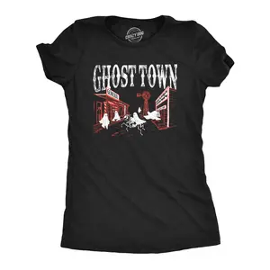 Womens Ghost Town T Shirt Funny Halloween Bed Sheet Ghosts Joke Tee for Ladies Funny Womens T Shirts Cute Vintage Fashion Casual Ladies T-Shirt Gift Halloween Tops for Women Funny Sarcastic Top Women's Novelty Black -