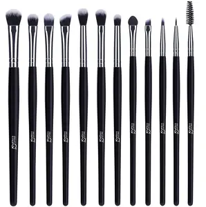 MSQ Eye Makeup Brushes 12pcs Eyeshadow Makeup Brushes Set with Soft Synthetic Hairs & Real Longer Wood Handle for Eyeshadow, Eyelash,Eyebrow, Eyeliner, Blending, Conclear(Black)