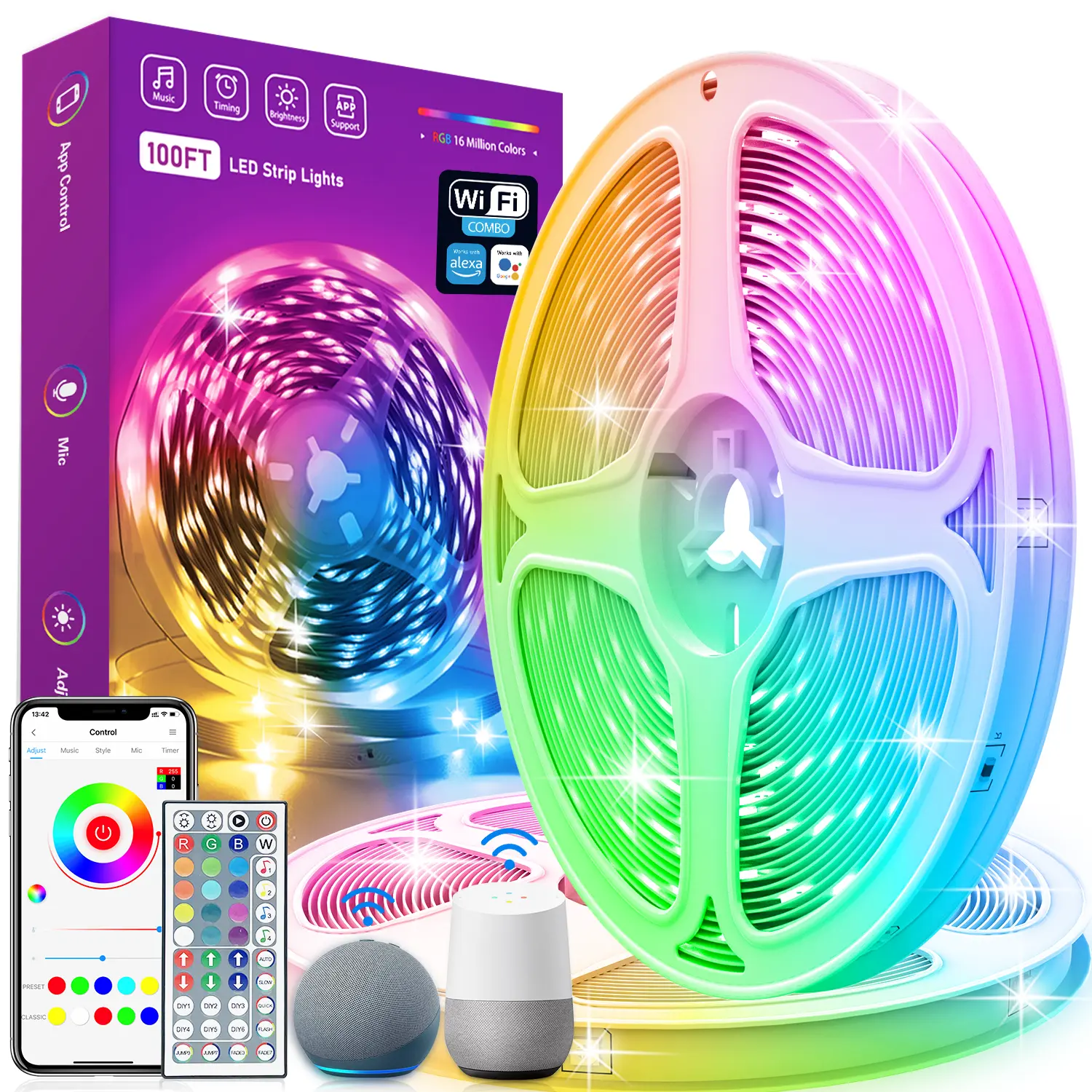 KEXU Smart LED Strip Lights - Wireless WiFi-Enabled Dimmable RGB Lights, Alexa & Google Assistant Compatible, Music Sync, App Controlled for Bedroom Decor, Wireless Led Lights