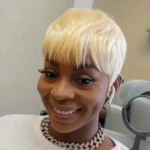 2025 NEW Fashionable 613 Blonde Glueless Pixie Cut Wig, 6-Inch 180% Density Straight Human Hair with Bangs, Top Quality Real Hair, Pixie Wigs