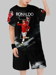 Boys Manchester United Football Fan Outfit Set Black Background Cristiano Ronaldo 7 RONALDO Graphic Tee + Black Shorts 2 Piece Outfit Kids Soccer Sport Style Breathable Casual Wear for School Football Match & Fan Gathering Fashion Kids Clothes
