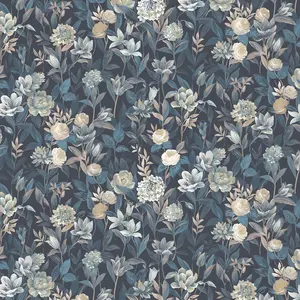 Vinjiasin Vintage Floral Wallpaper Peel and Stick Removable Floral Contact Paper Dark Blue Flower Wall Paper for Bedroom Living Room Accent Wall Decor 17"