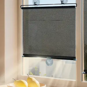 Black Polka Dot Blackout Roller Shade, No-Drill Suction Cup Window Blind, Non Drill Blinds with Adjustable Size, Thermal Insulated Sunshade Curtain for Kitchen, Office, Door and Window, Easy to Install with Accessories
