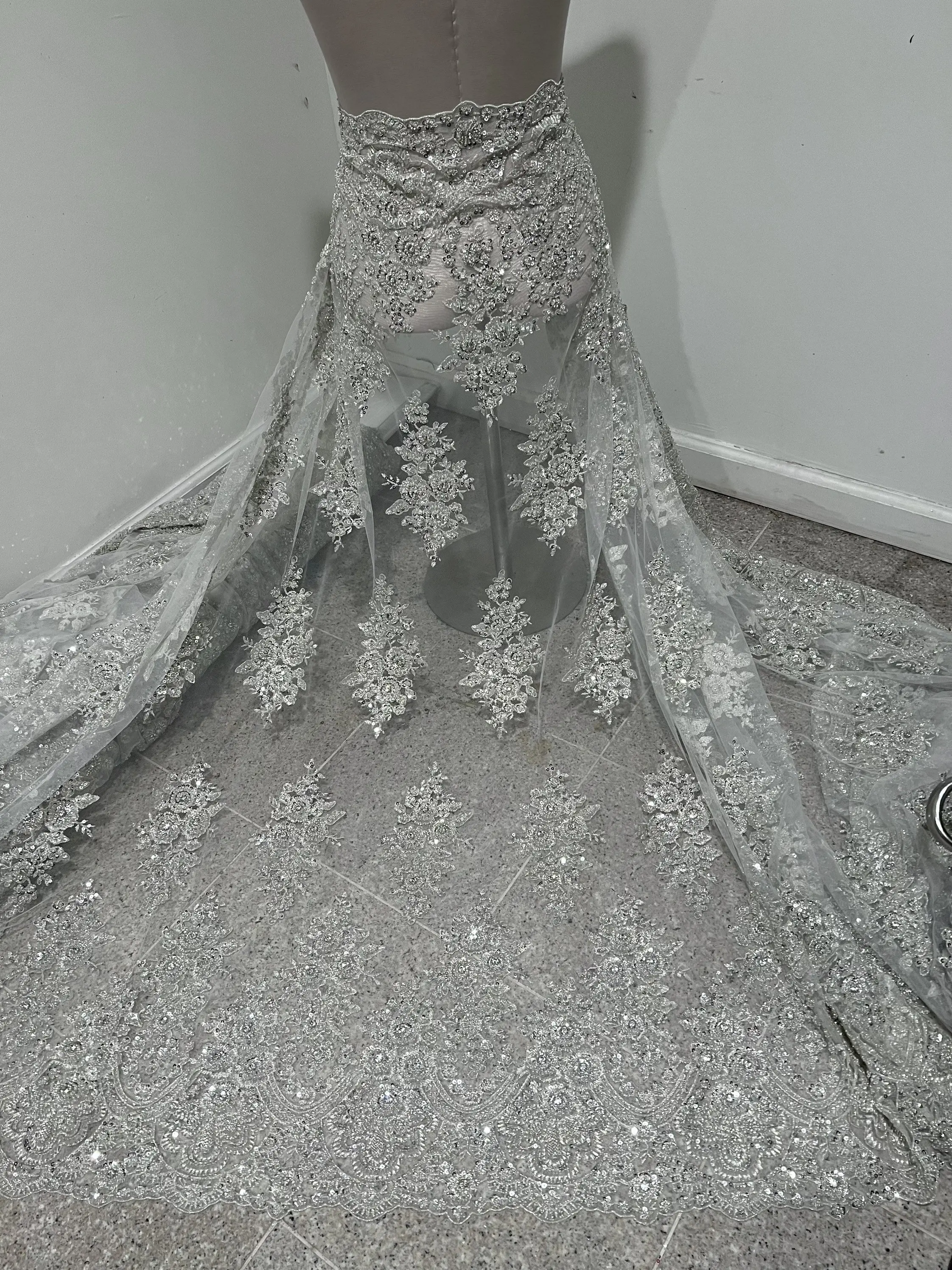 Silver white heavy beaded sequins rhinestones embroidery bridal lace fabric 50” width sold by the Yard
