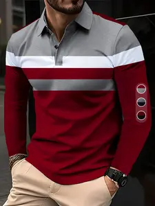 Men's Patchwork Print Long Sleeve Polo Shirt, Regular Fit Casual Button Front Collared Top for Fall & Winter, Men's Clothes for Daily Wear, Menswear