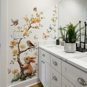 Tree Branch Bird Watching Rabbit Floral Wall Sticker, Self-Adhesive Home Decor Decal, Easy-To-Apply Removable Art Mural, Wall Art Stickers, Decorative Wall Sticker