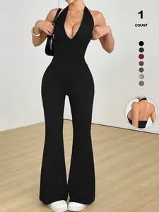 TFNOSIZE Women’s Sexy Slim Halter Romper | Elegant Backless Camisole Top & Slightly Flared Hem Pants Set | Spring/Summer Breathable Casual Comfortable Outfit Fashion Apparel Chic Womenswear