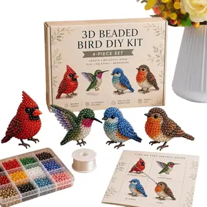 3D Bead Animal Set, DIY Mini 3D Animal Beading Embroidery Kit, 4-Piece Bird Beading Craft with Instructions, Cute Beaded Art Gift for Beginners