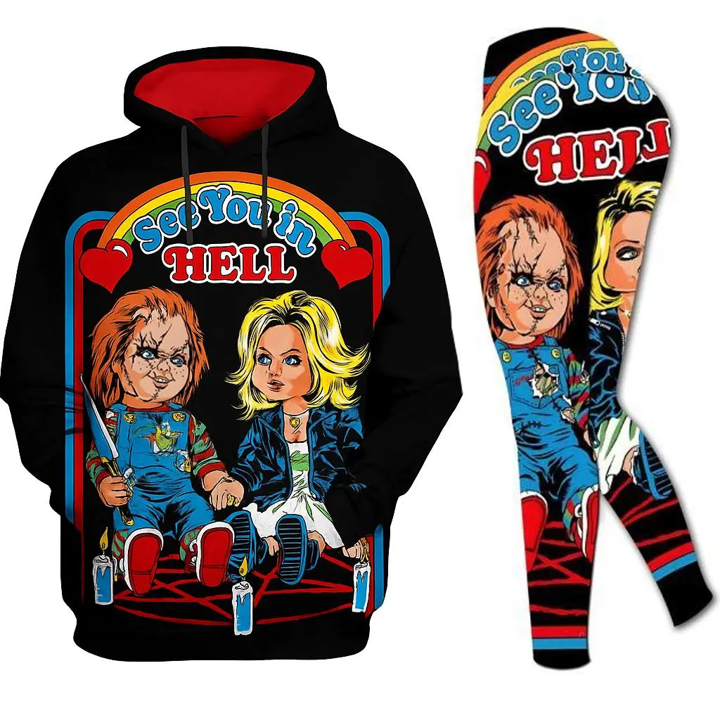 Chucky Horror Workout Set for Women – Halloween Hoodie and Leggings Outfit, Scary Doll Graphic Gym Wear for Horror Movie Fans