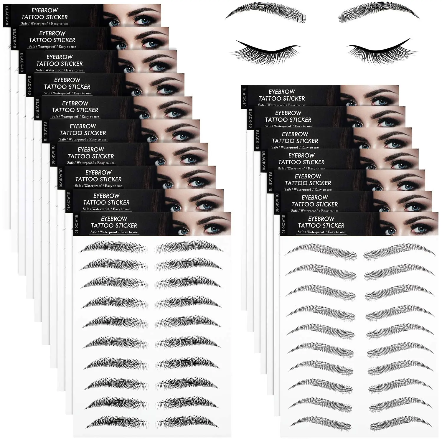 Eyebrow Tattoo Stickers, 180 Pairs of Natural Looking 4D Realistic Brows, Waterproof & Smudgeproof Sticker Tattoo for Hair Loss Recovery, Black, Medium Arch, 4D Realistic Texture, Hair Loss Aid, Peel & Apply