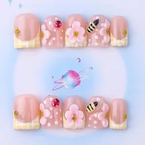 Nailssbysheccid，10pcs press-on nails, square shape, 100% handmade, simple style, combined with French style, 3D, suitable for family dinners, dates, weddings, it is the best gift for girls! Comes with jelly glue, crystal sticks and twisting rods.
