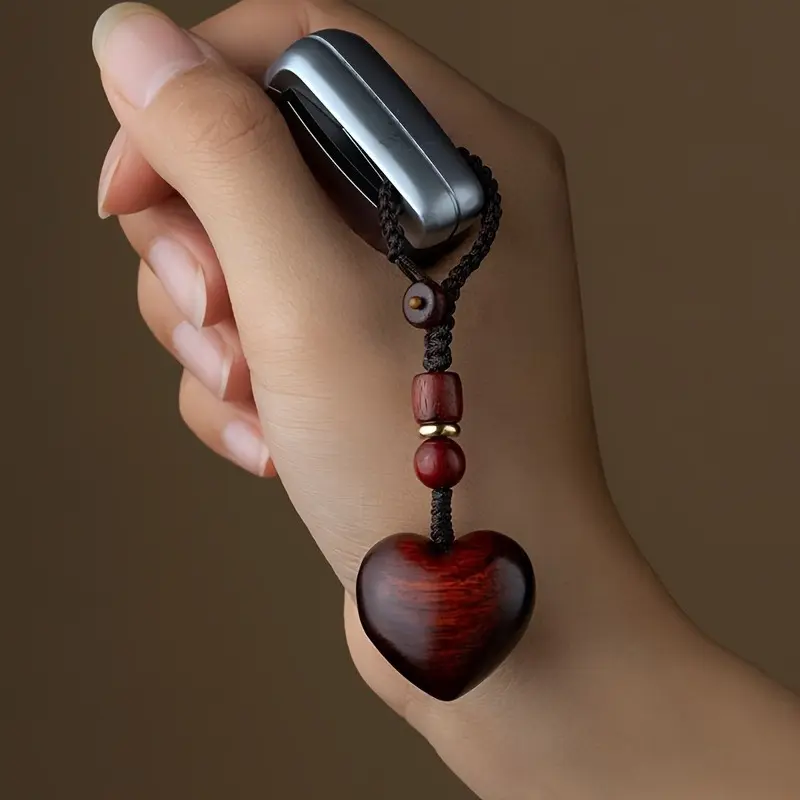 2pcs Traditional Sandalwood Heart-Shaped Keychain with Cell Phone Pendant, Handcrafted Wooden Keyring Charm for Couples, Ideal Holiday Gift, Handmade Keychain, Aesthetic Keychain