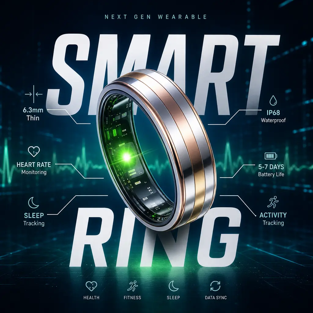 Smart Health Monitoring Ring for Sleep & Heart Rate - Waterproof Wearable Activity Tracker for Wellness Android Bluetooth