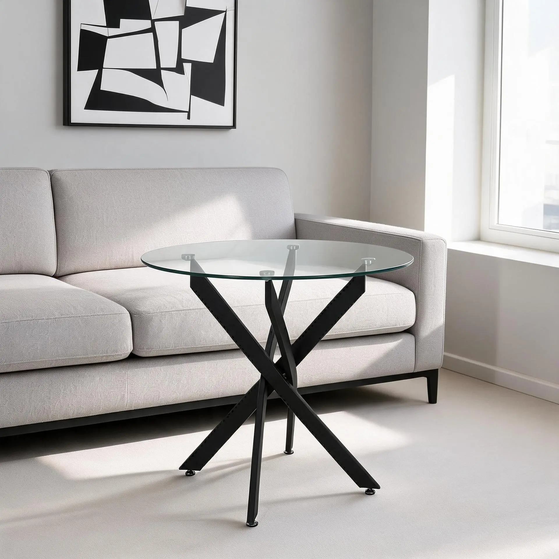 35.5" Round Glass Dining Table – 8mm Tempered Glass Top with Metal Legs, Modern Minimalist for Kitchen, Dining Room, Small Space