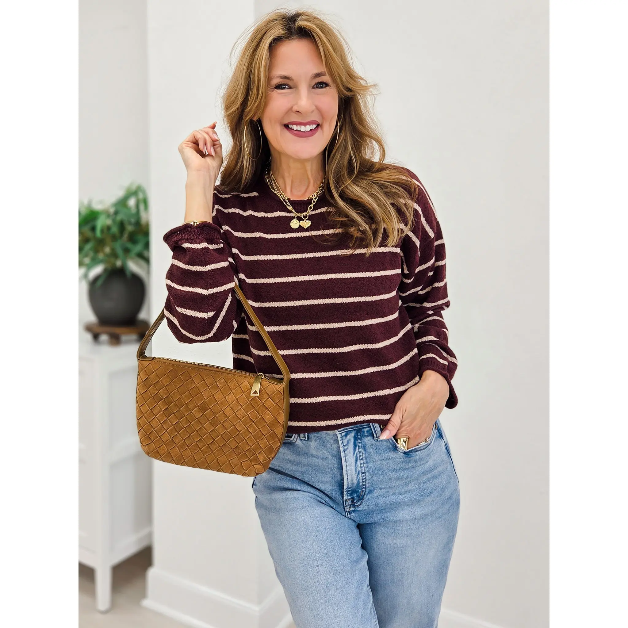 Burgundy Striped Textured Raw Edge Long Sleeve Knit Sweater
