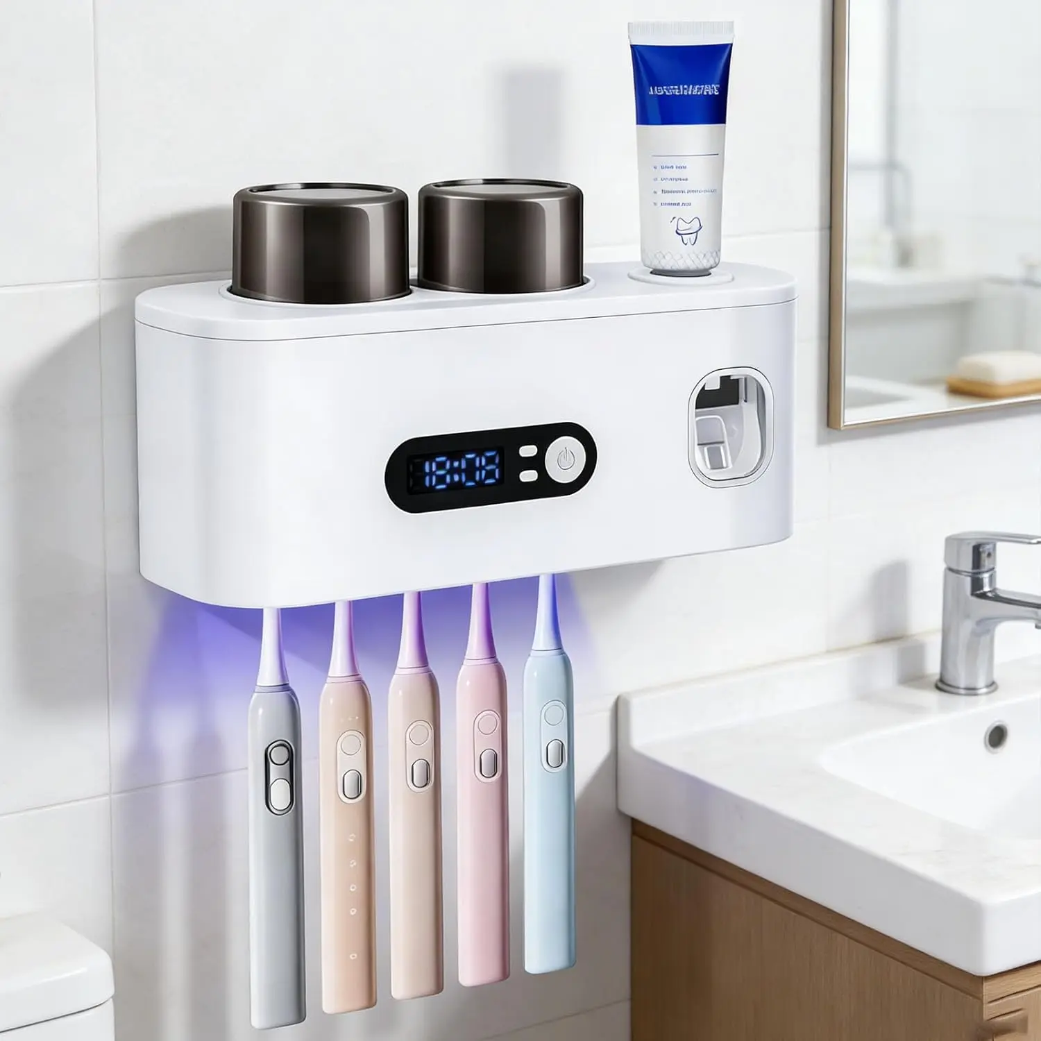 Toothbrush Cleanings Holders,Drying and Wall Mounted Holder with Toothpaste Dispenser, 5 Brush Slots 2 Cups for (White)