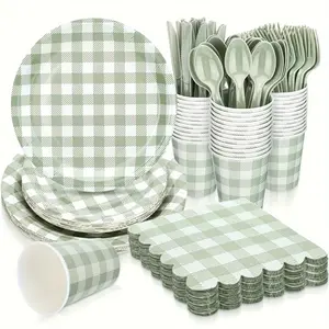 168 Pcs Gingham Party Supplies for 24 Guests Paper Plates Knives Spoons Forks Napkins Cups Disposable Party Supplies Set Cutlery for Checkered Dinner Wedding Party Favor (Sage Green) Round