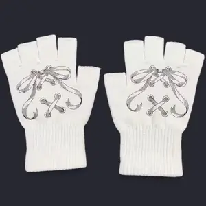 Y2K Lace-Up Bow Graphic Fingerless Gloves, Unisex Soft Knit Gloves, Corset Lace Illustration Print, Soft Stretch Knit, One Size, Cute Alternative Streetwear Accessory, Cold Weather Outfit Add-On