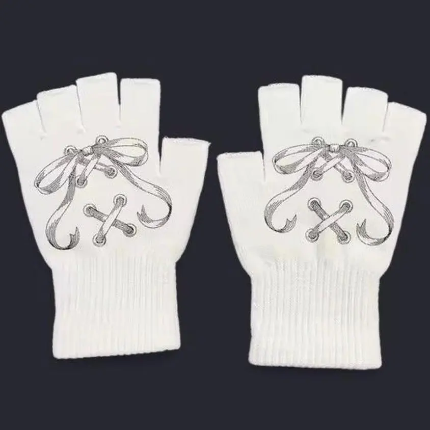 Y2K Lace-Up Bow Graphic Fingerless Gloves, Unisex Soft Knit Gloves, Corset Lace Illustration Print, Soft Stretch Knit, One Size, Cute Alternative Streetwear Accessory, Cold Weather Outfit Add-On
