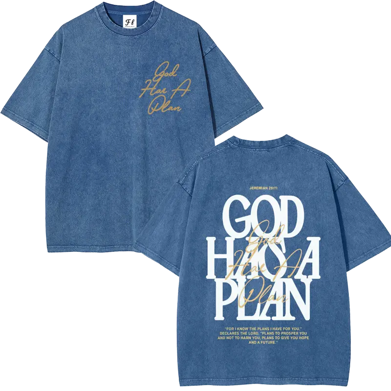 Men's Retro 260g 100% Natural Cotton Round Neck Baggy Streetwear Shortsleeve T-Shirt - Vintage Washed, Breathable Fashion Menswear Top with Christian "God Has A Plan" Bible Verse DTG Print, Fabric, Loose, Plus Size Fashion, Outdoor