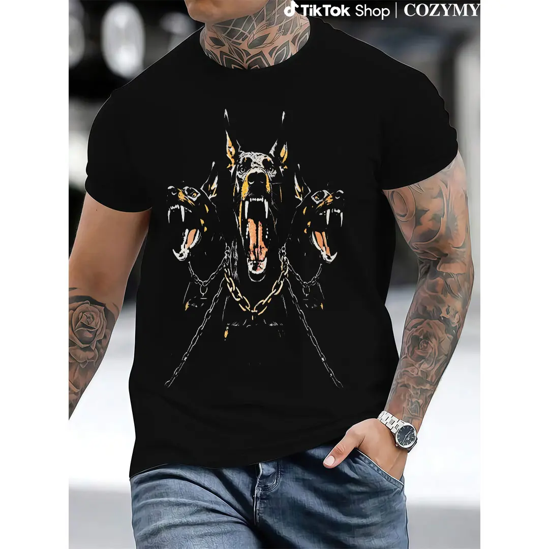 Men's 230g Vintage Washed Cotton Short-Sleeve Relaxed-Fit T-Shirt - Streetwear Top with Doberman-Labrador Street Style Pattern, 2024 Fashion Apparel