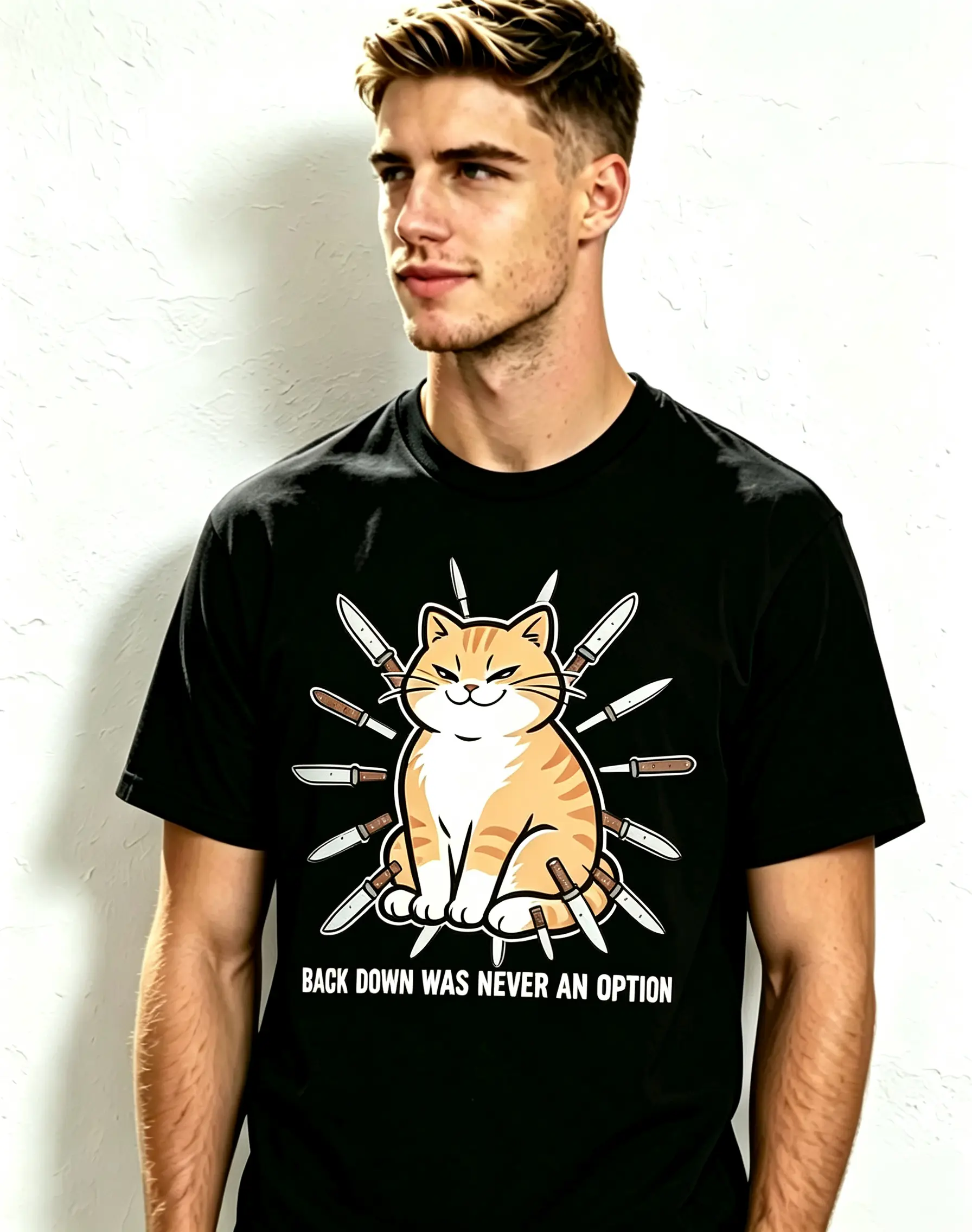 Men's Short-Sleeve Unisex Casual Crew Neck T-Shirt, Sassy Orange Cat Surrounded By Knives Graphic, Back Down Was Never An Option Meme Tee