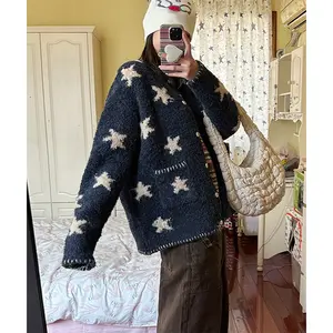 2025 Vintage Star Knitted Cardigan Women Print Sweater Outerwears Winter Korean Long Sleeve  Ladies Casual Jumpers winter